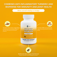 Golden Vitality Capsules - Turmeric with BioPerine® (Black Pepper Fruit Extract) Supplement (60 Capsules)